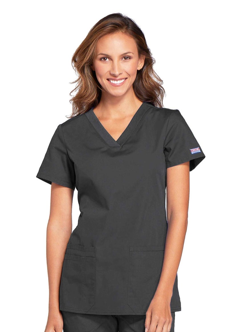 Cherokee V-Neck Womens Scrubs Top Workwear Originals with Rib-Knit Back Panels WW645, S, Pewter - Image 1